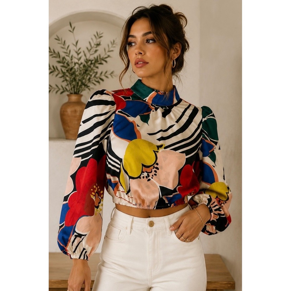 Mod Retro Pop Art Floral Zebra Puff Sleeve Satin Mock Neck Artsycore Top Sz M